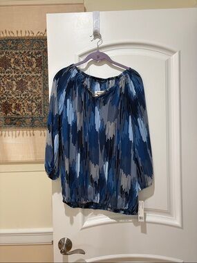 Zac & Rachel Women’s Blue Patterned Pleated Design Striped Tunic Blouse M NWT